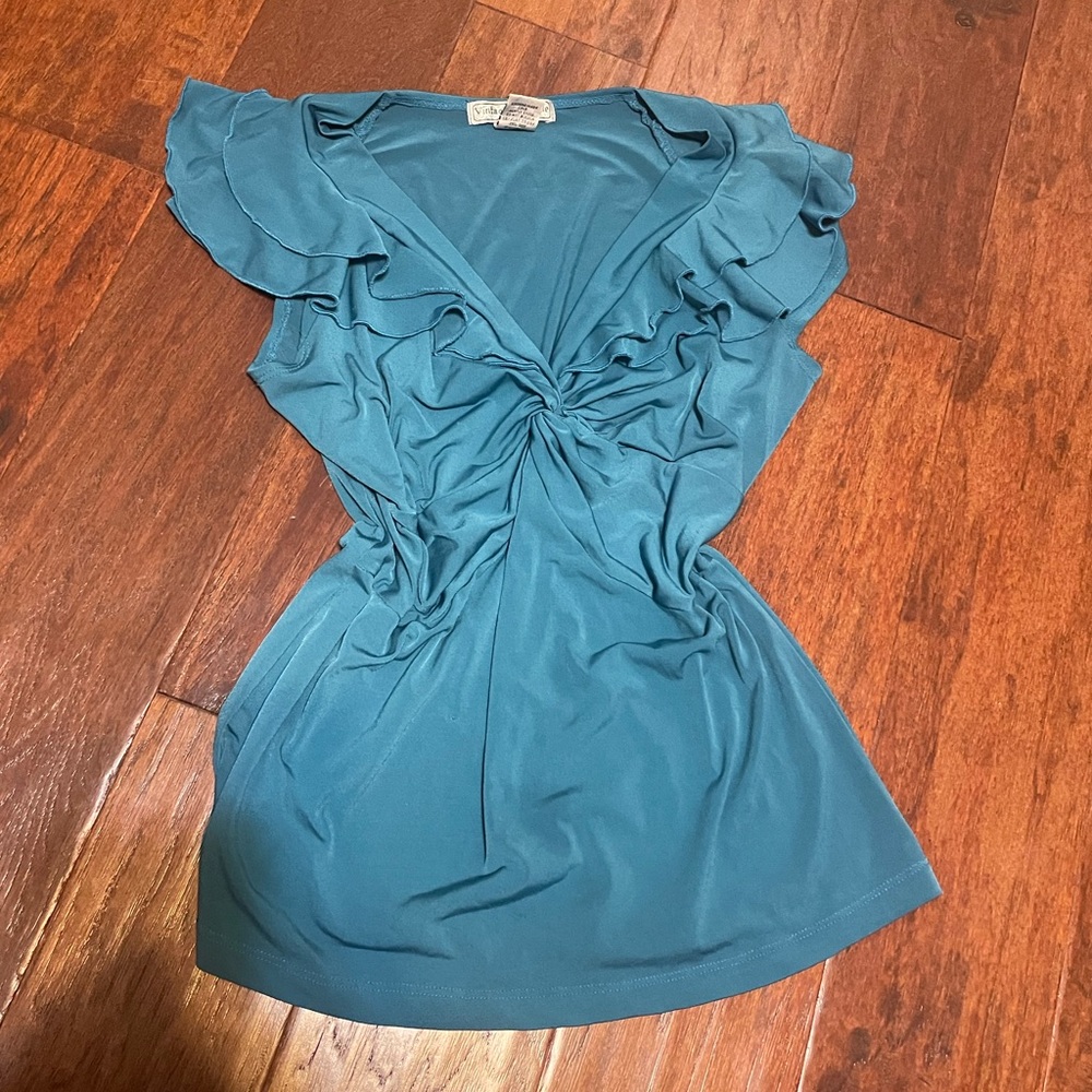 Vintage Suzie Teal Ruffle Sleeve Ruched Top Women’s Medium